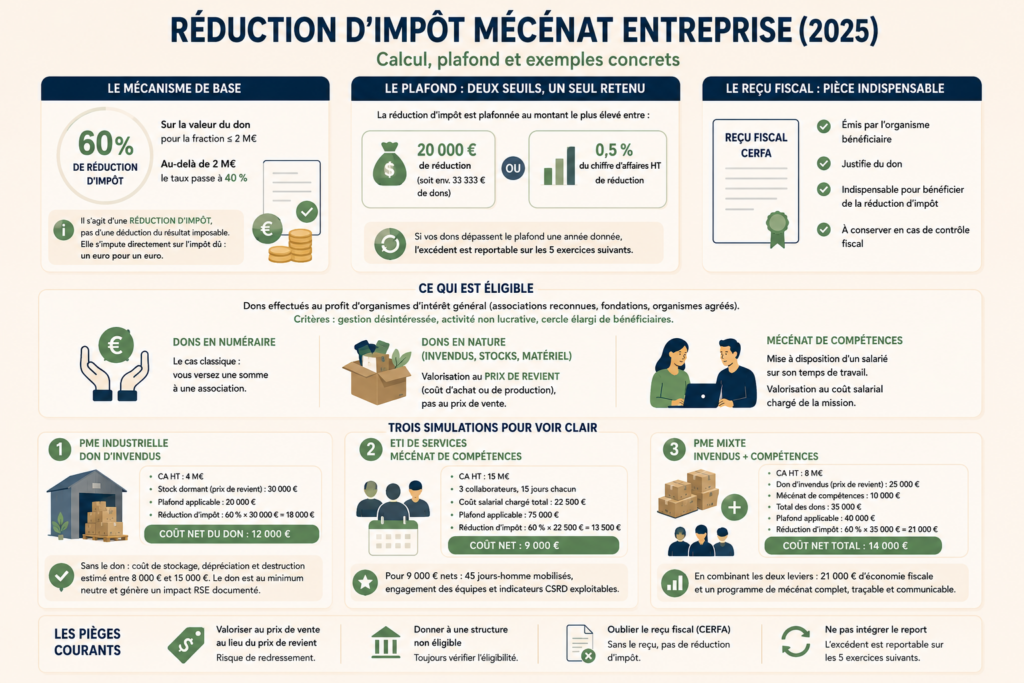 Réduction d&rsquo;impôt mécénat entreprise : calcul, plafond et exemples concrets (2025)